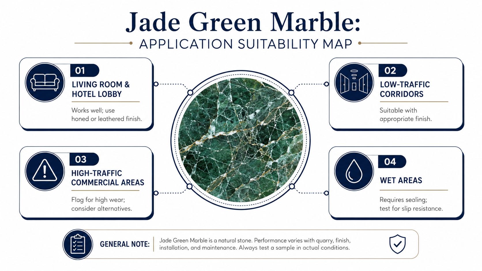 An infographic detailing the application suitability map for Jade Green Marble across various interior design environments.