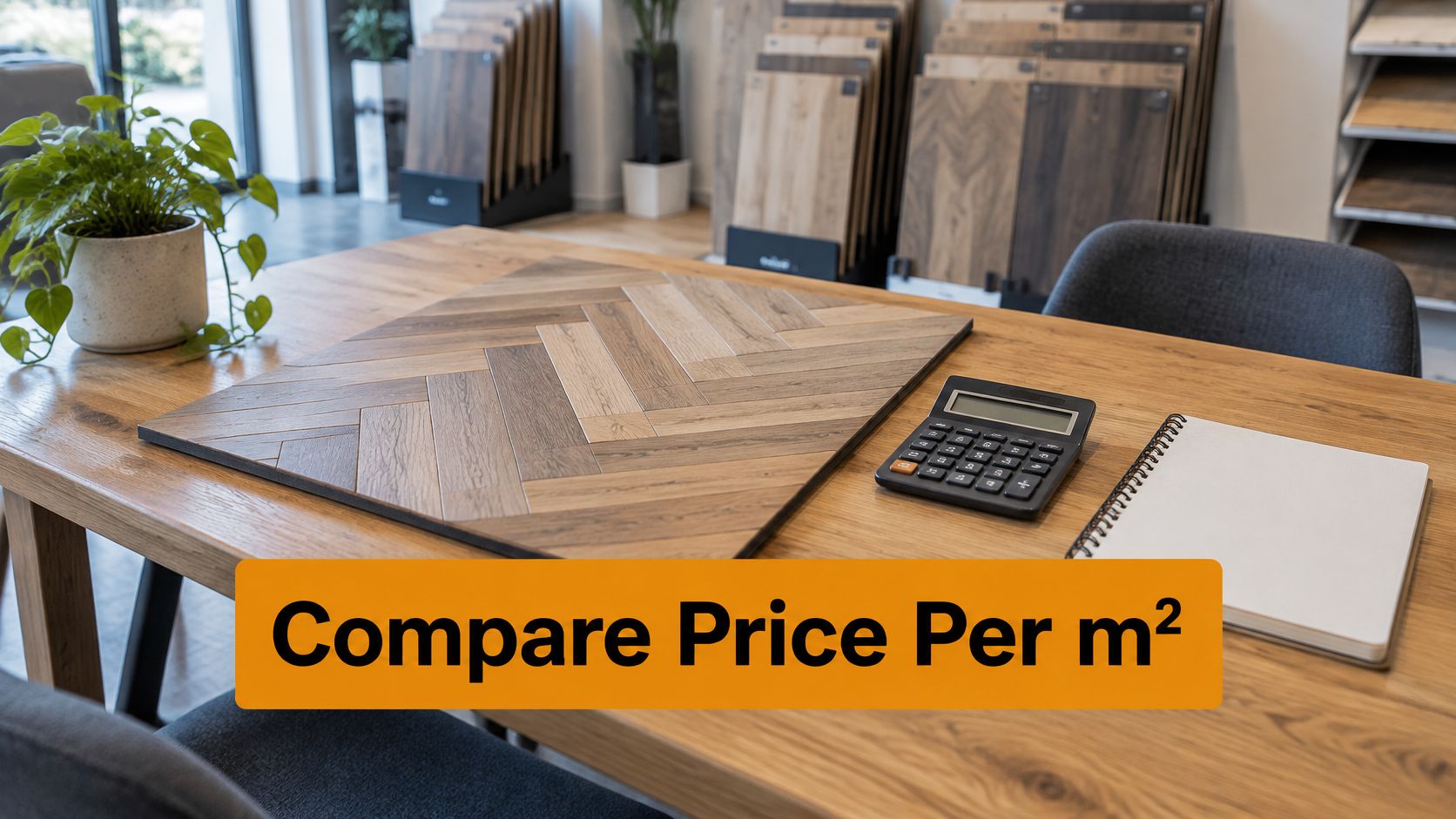 A wooden table featuring a herringbone hybrid flooring sample, a calculator, and a notebook for planning.