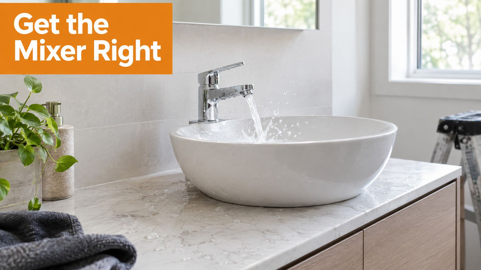 A modern bathroom vanity featuring a stylish basin mixer tap running water into a ceramic bowl sink.