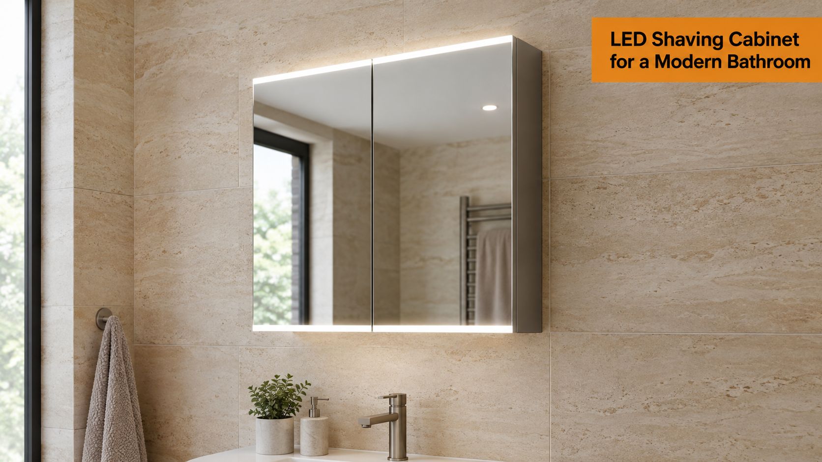A modern bathroom featuring a double door wall-mounted LED shaving cabinet with integrated vanity lighting.