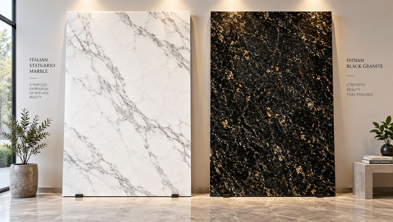 A modern showroom display featuring large polished slabs of white Italian Statuario marble and black Indian granite.