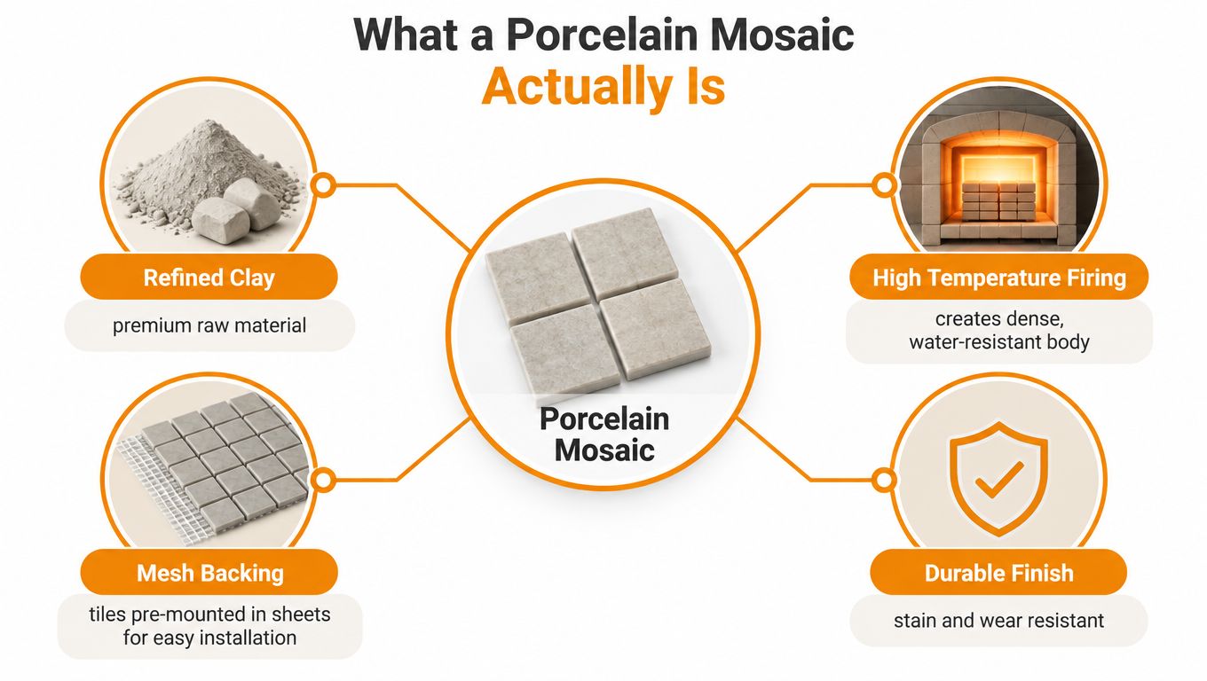 A diagram explaining that porcelain mosaic is made from refined clay, high temperature firing, mesh backing, and durable finish.