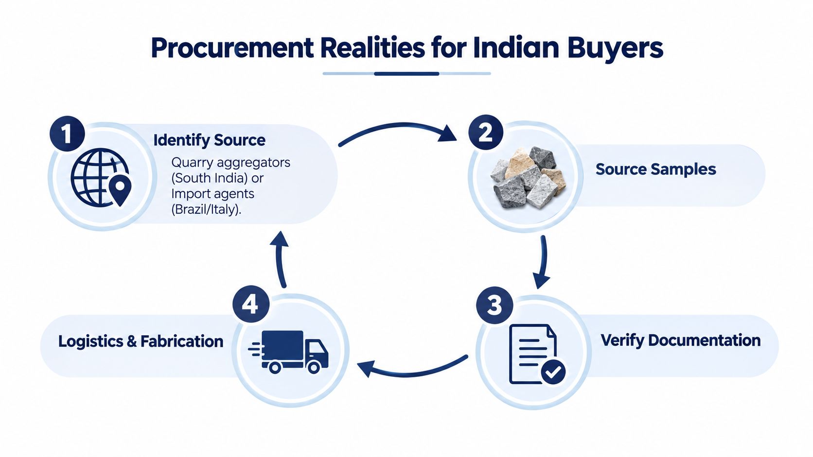 A flowchart diagram illustrating the four steps of the procurement process for Indian granite buyers.