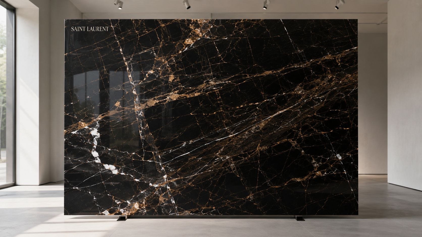 A large slab of luxurious Saint Laurent marble with gold and white veins displayed in a studio.