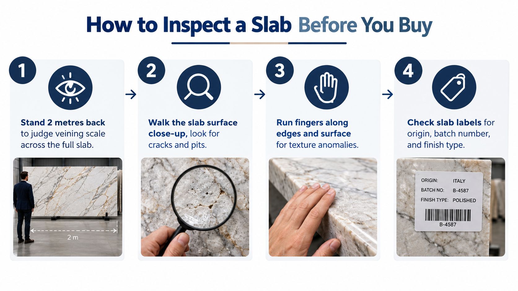 An infographic showing four steps to inspect a white and beige marble slab before purchasing.