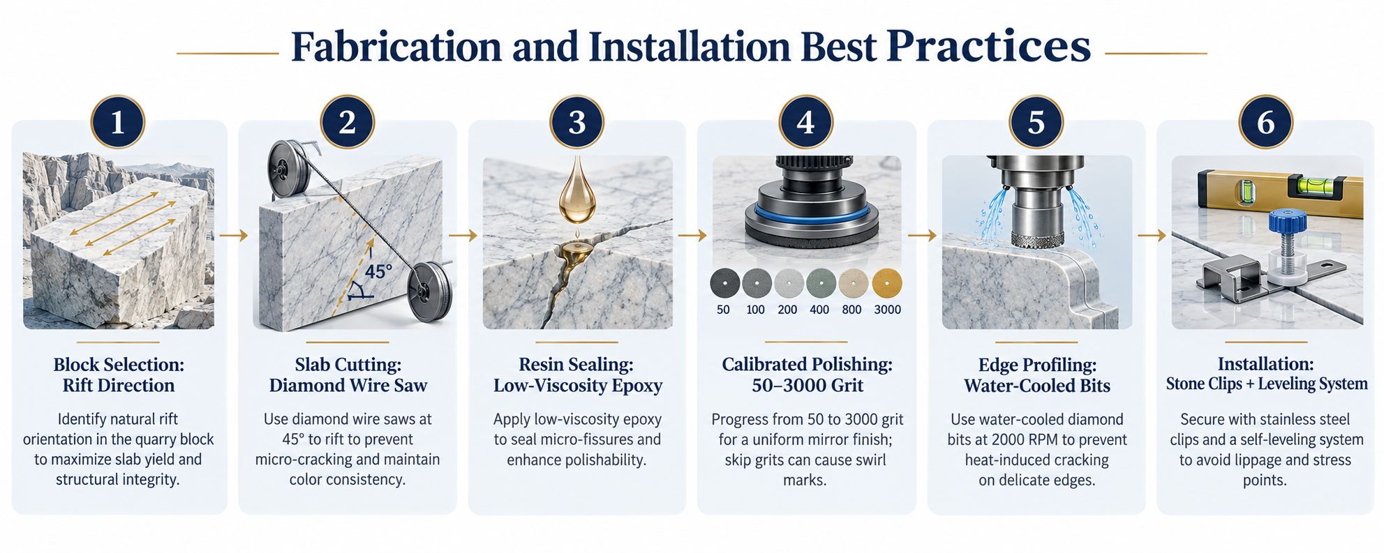 A six-step infographic illustrating best practices for fabrication and installation of natural stone slabs.