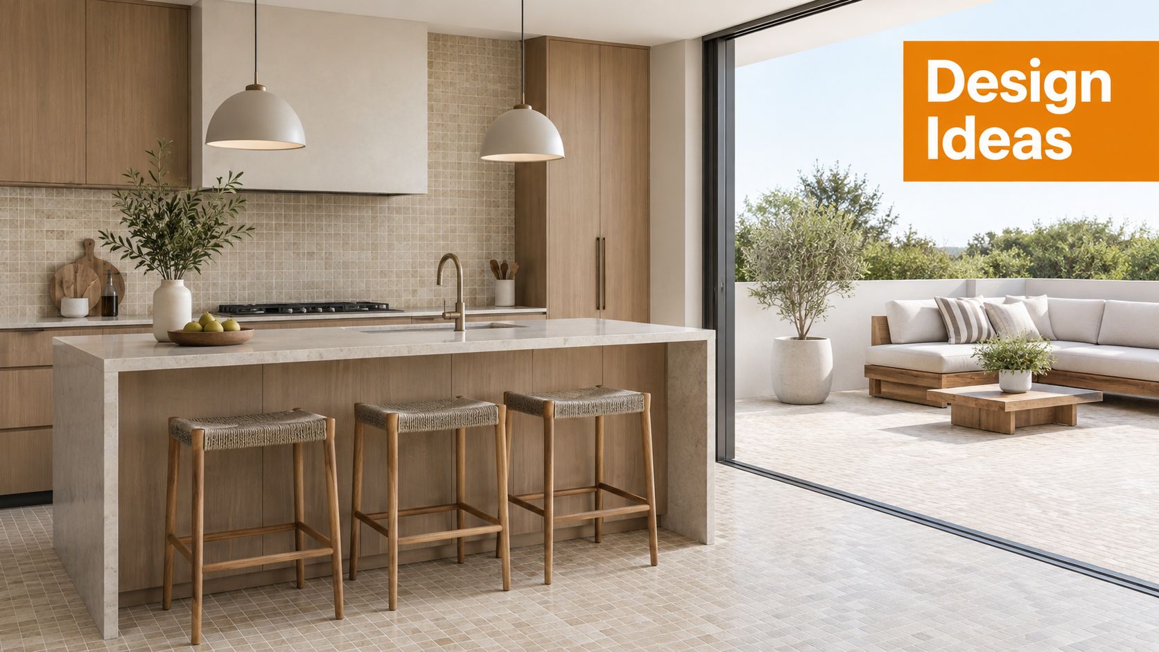 A modern, minimalist open-concept kitchen and outdoor patio featuring beige porcelain mosaic tiles on floors and walls.