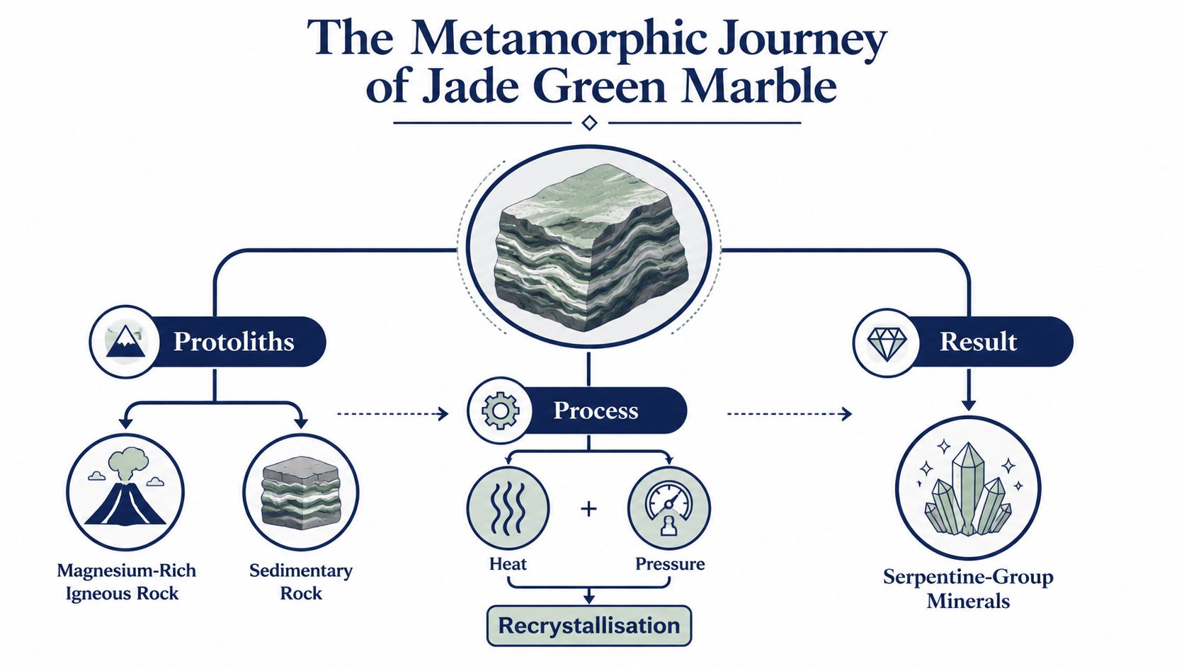 An educational diagram illustrating the metamorphic process that creates jade green marble from specific rock formations.