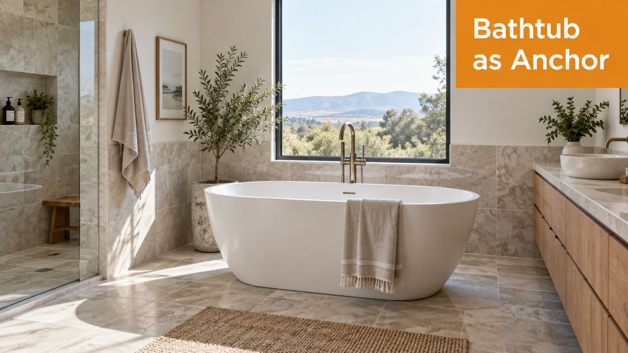 A luxurious bathroom featuring a modern freestanding bathtub centered in front of a large window with scenic views.
