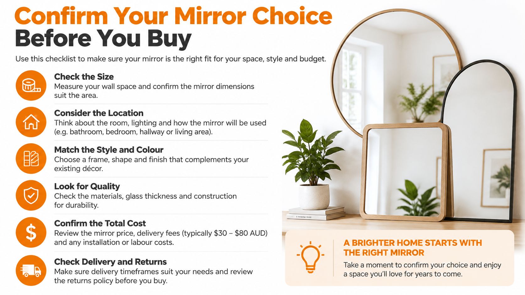 A checklist infographic titled Confirm Your Mirror Choice Before You Buy with tips for choosing home mirrors.