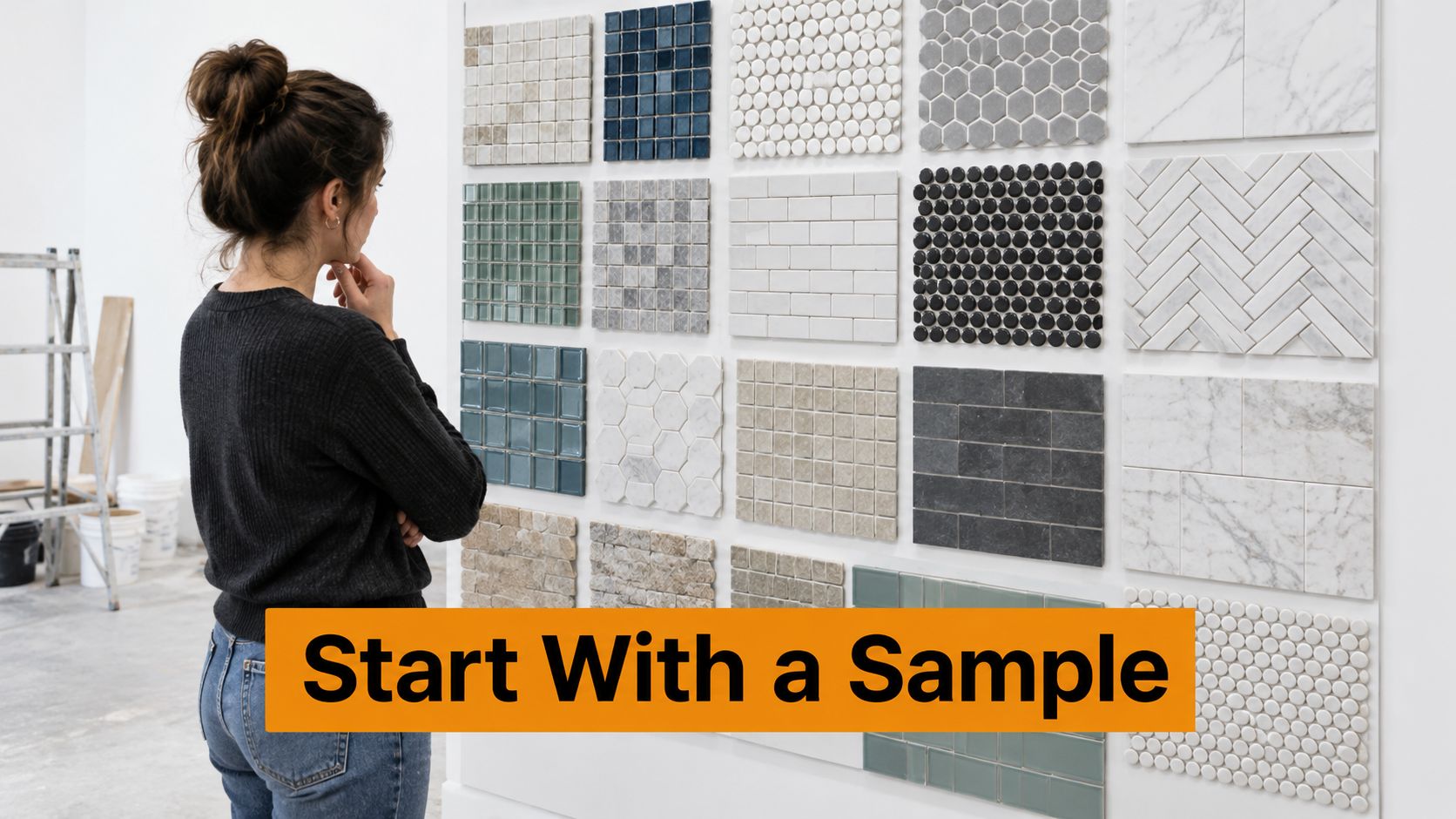 A woman stands in a showroom looking at a large display board featuring various mosaic tile samples.