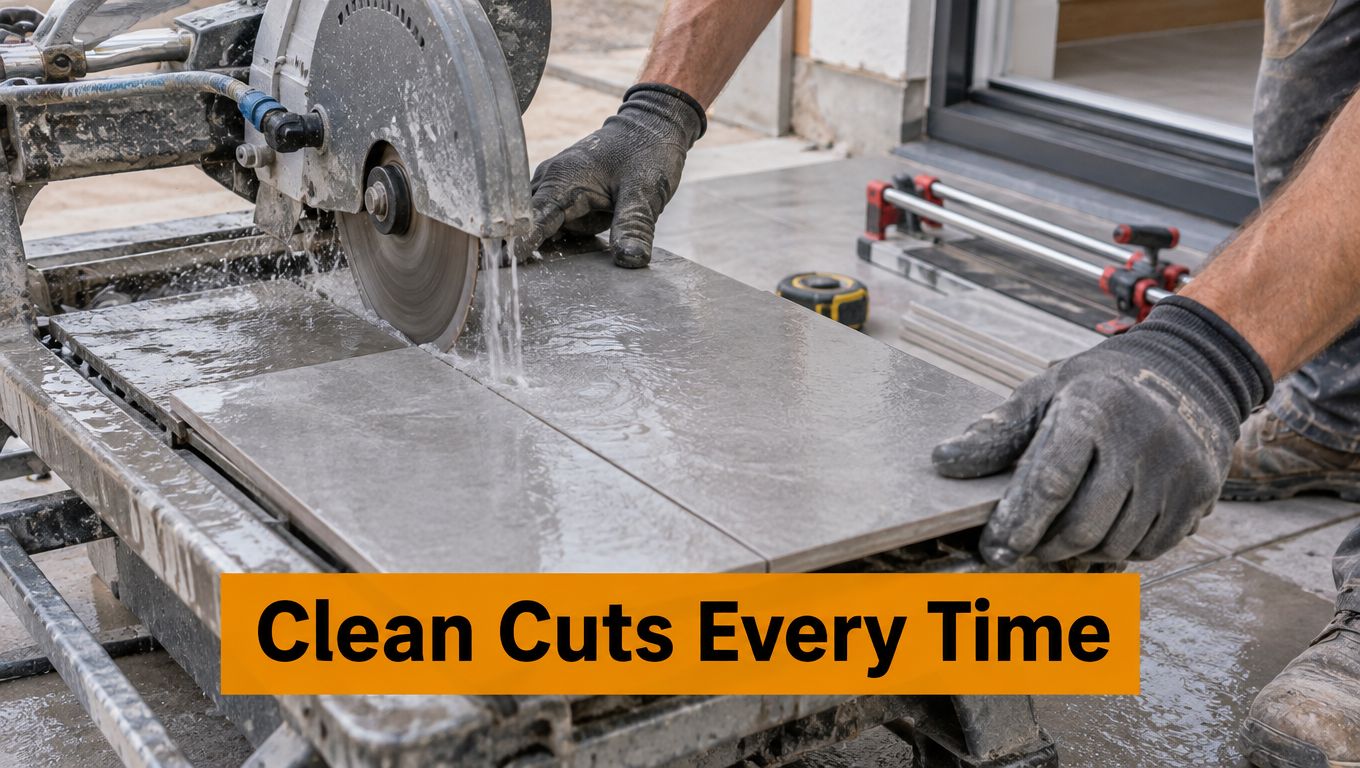 A professional construction worker uses a wet tile saw to make precise cuts on 600x600 floor tiles.