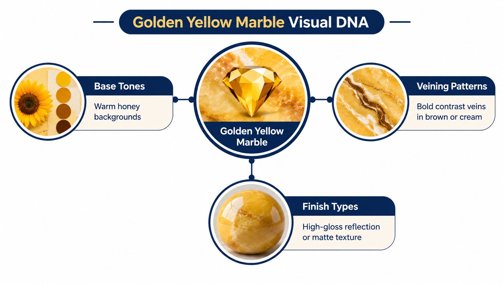 An infographic titled Golden Yellow Marble Visual DNA showcasing base tones, veining patterns, and finish types.