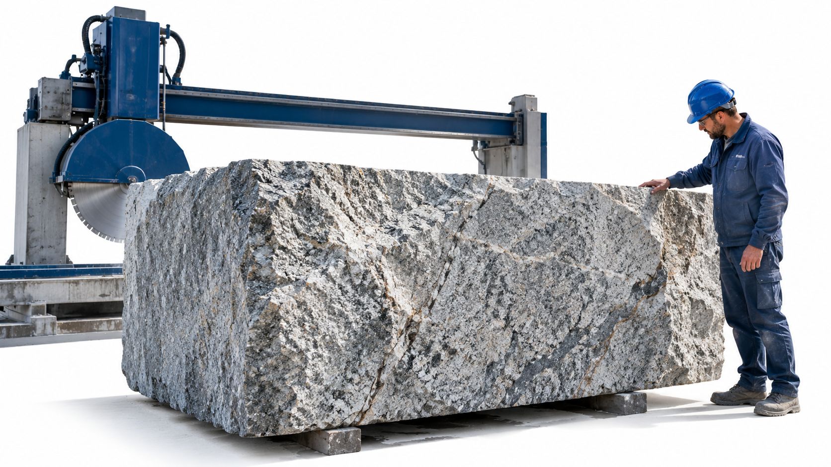 A construction worker in a blue uniform inspecting a large, rough-hewn granite block at a stone cutting facility.