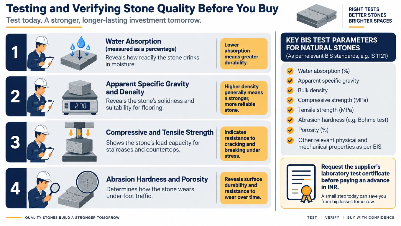 An infographic showing four steps to test and verify natural stone quality before purchasing materials.