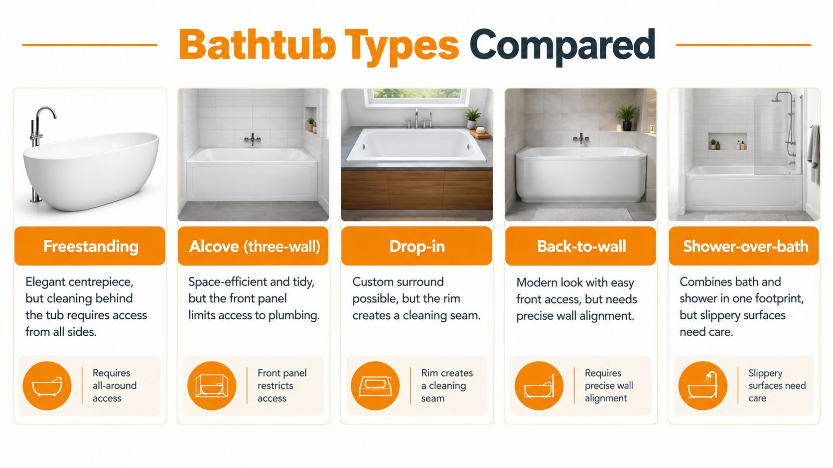 A comparison chart showing five different types of bathtubs including freestanding, alcove, drop-in, back-to-wall, and shower-over-bath styles.