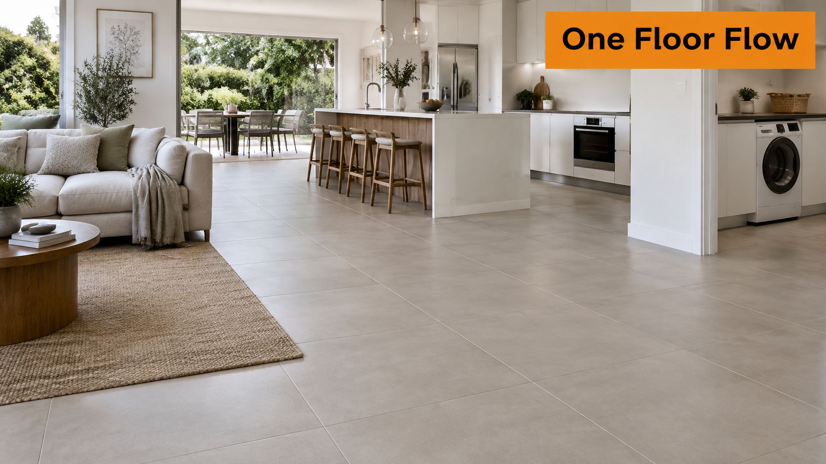 A bright open-plan living room and kitchen featuring large beige matte porcelain floor tiles throughout.