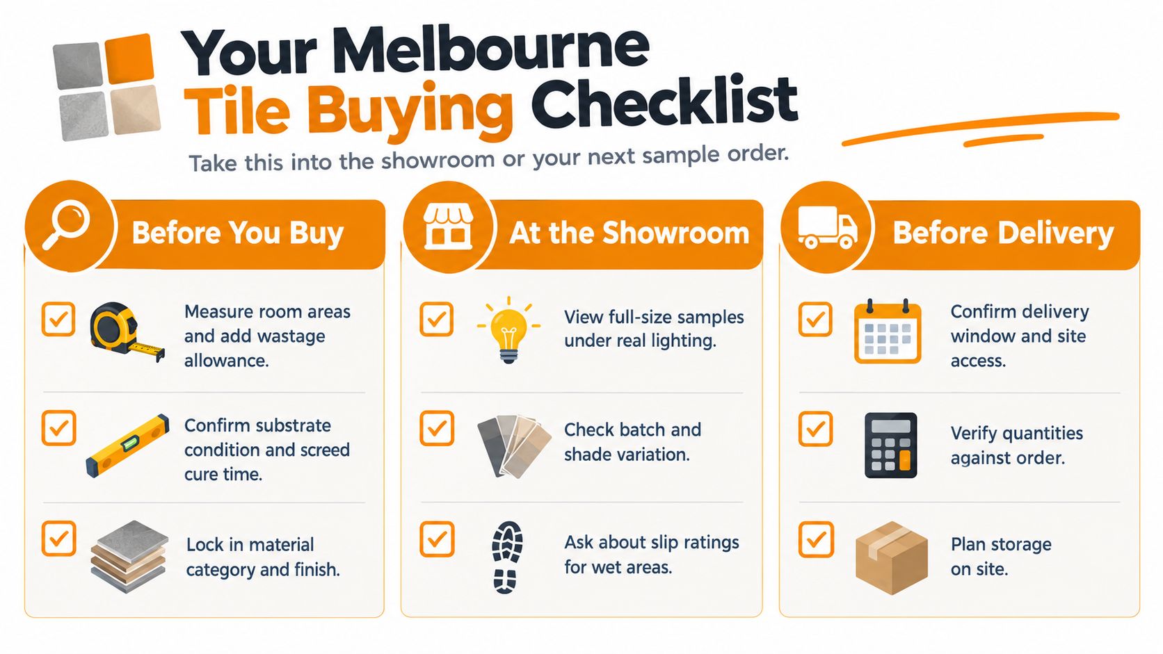 A helpful Melbourne tile buying checklist infographic displaying tips for planning, showroom visits, and material delivery preparation.