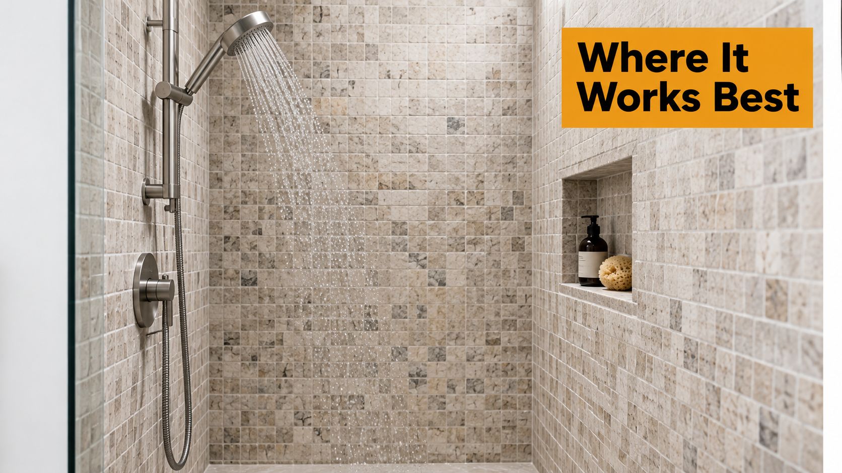 A modern shower with tan stone mosaic tile walls, a handheld showerhead, and a recessed wall niche.