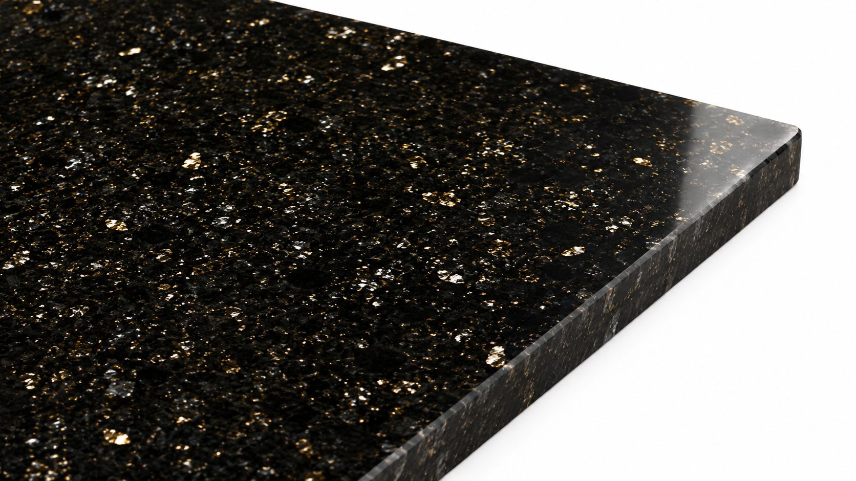 A close-up view of a polished black and gold galaxy granite slab corner isolated on white