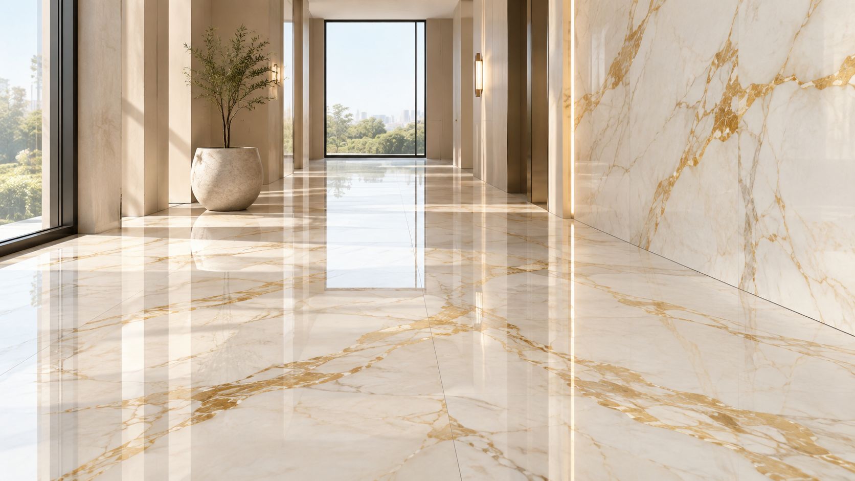 A luxurious marble hallway with polished gold-veined flooring reflecting the natural light from a large window
