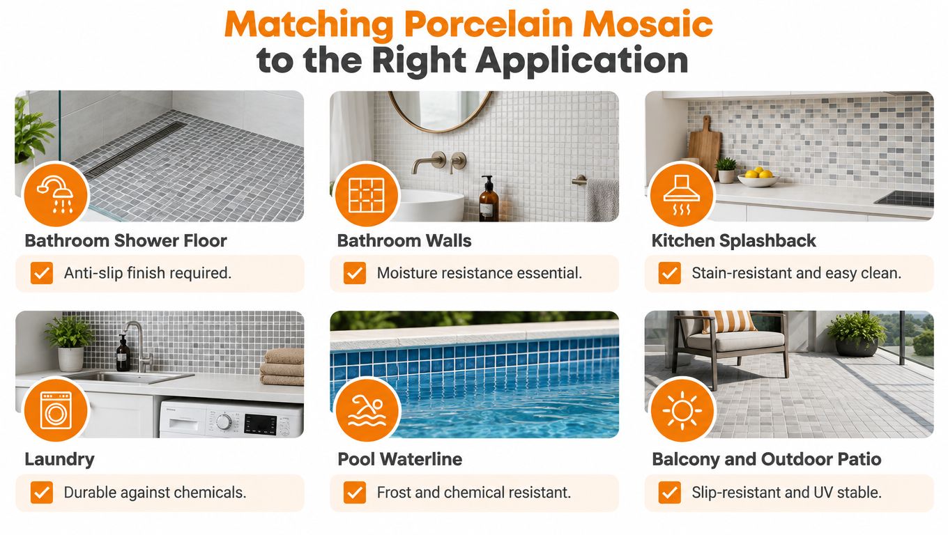 A guide illustrating appropriate porcelain mosaic tile applications for bathroom floors, kitchen splashbacks, laundry rooms, pools, and patios.