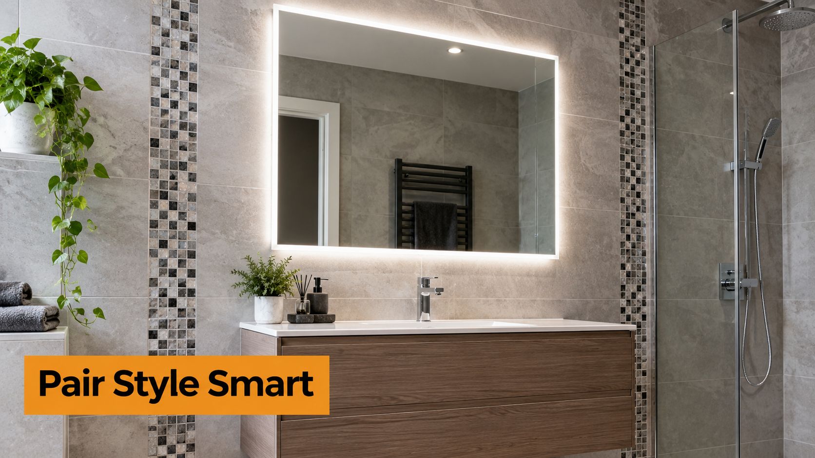 A modern bathroom vanity featuring a floating wooden cabinet, a sleek glowing LED mirror, and tiled walls.