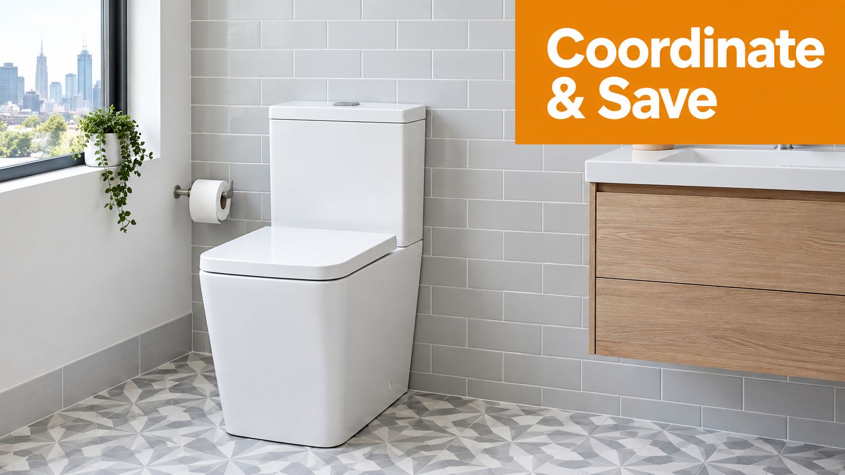 A modern white toilet suite installed in a contemporary bathroom with subway tile walls and patterned flooring.