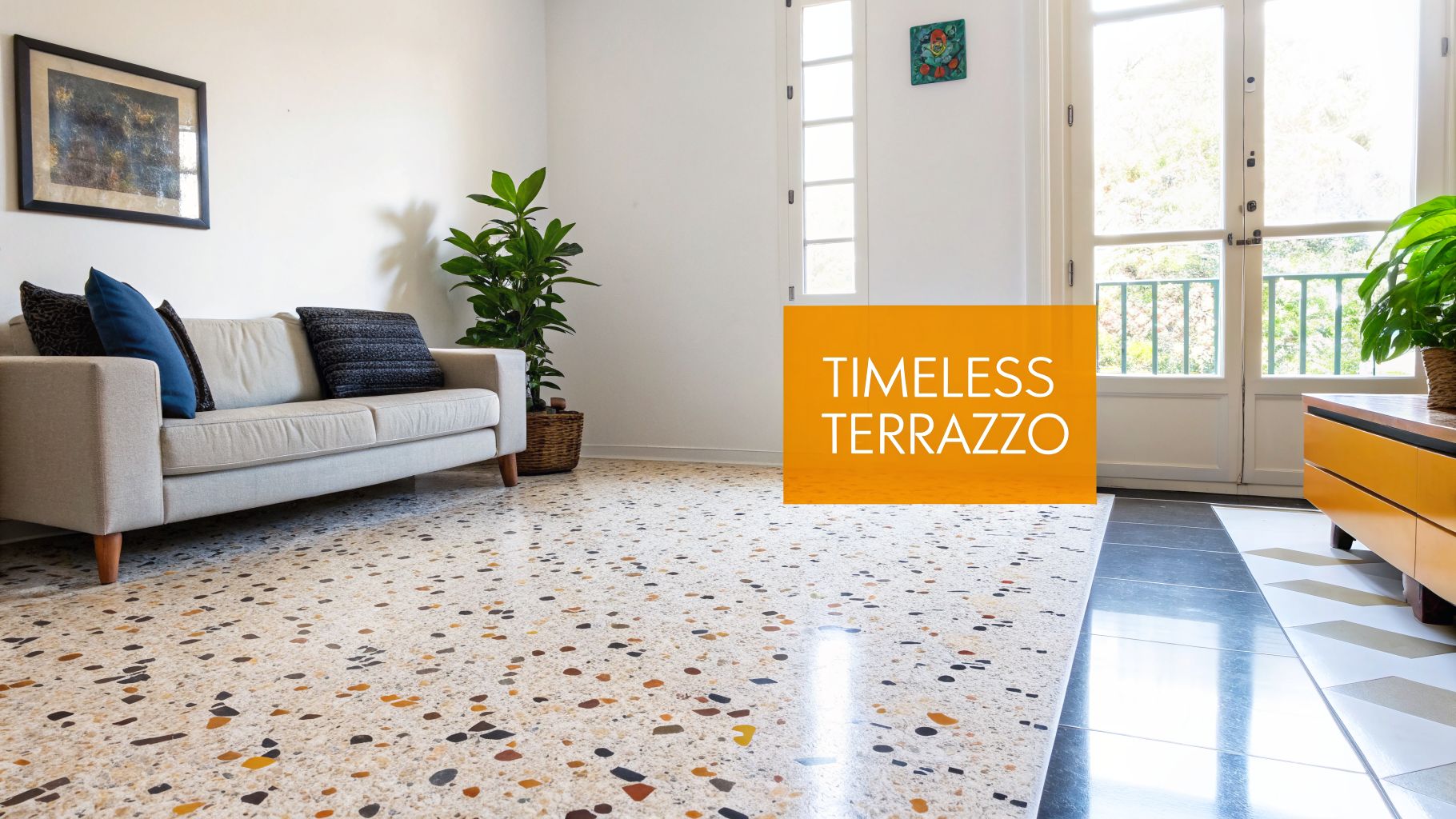Bright living room with a light sofa, green plant, and a speckled terrazzo-look tiled floor.