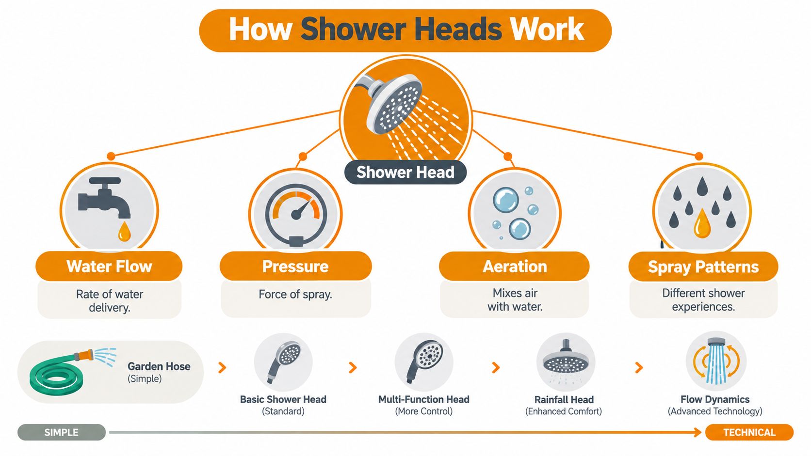 An infographic illustrating how shower heads work, covering water flow, pressure, aeration, and different spray patterns.