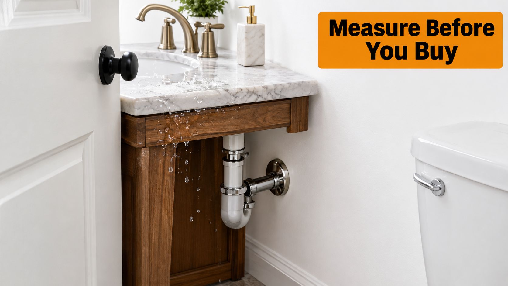A bathroom vanity sink leaking water onto a wooden vanity cabinet in a modern bathroom setting.