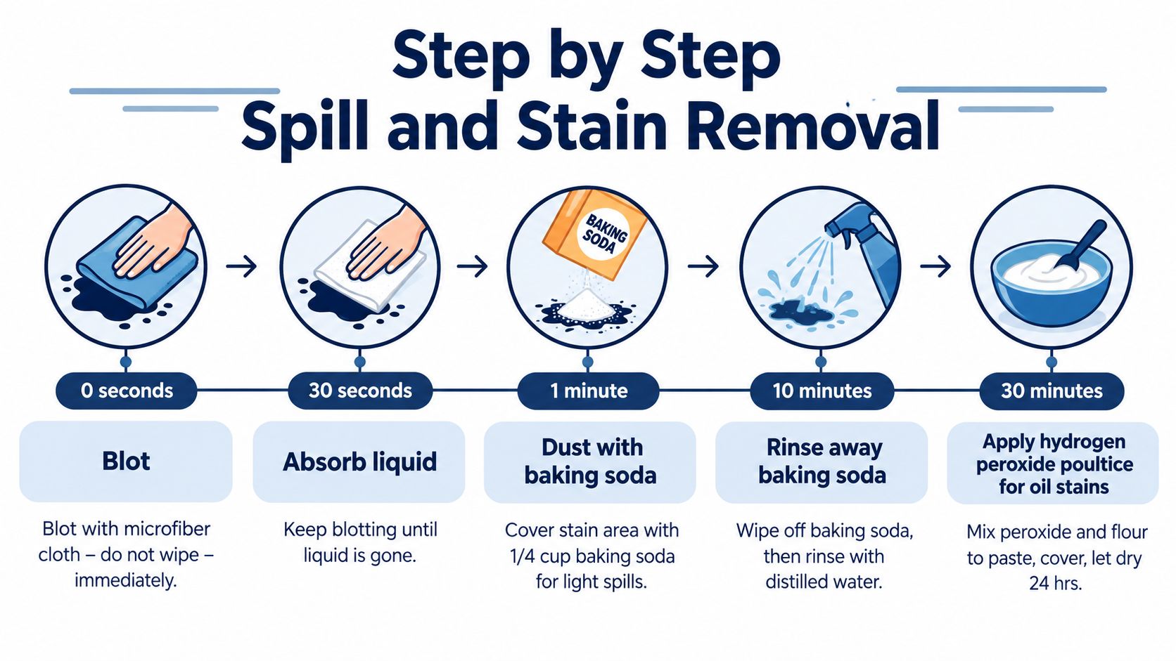 A five-step infographic showing how to clean marble spills using blotting, baking soda, and hydrogen peroxide.