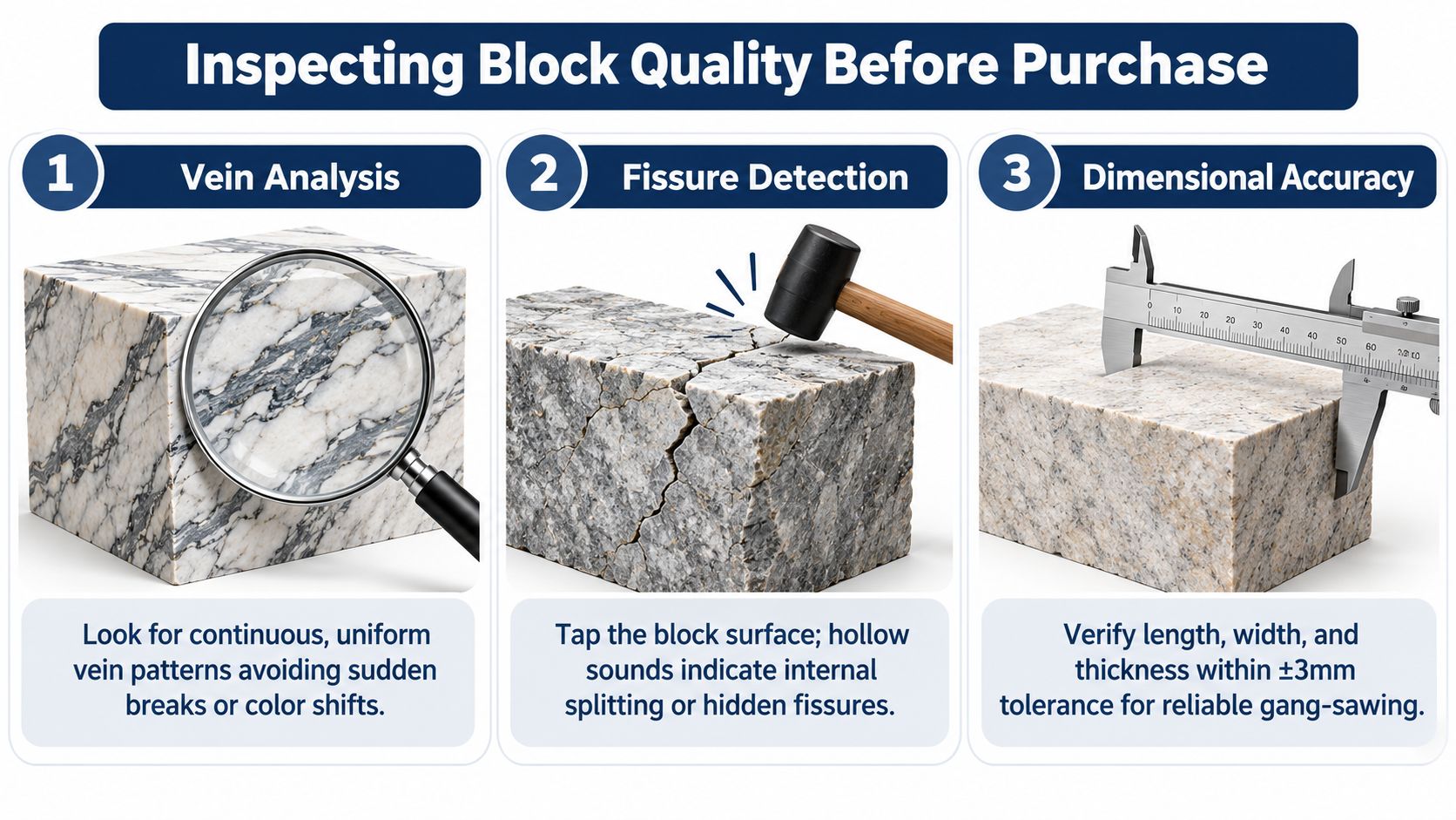 An infographic detailing the process of inspecting rough granite blocks for quality before purchasing.
