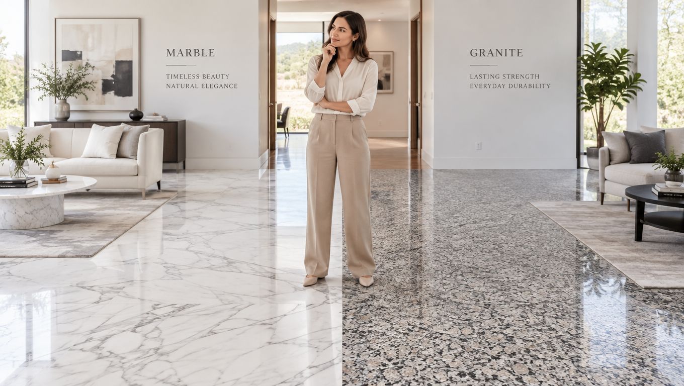 A woman stands between two flooring options, marble on the left and granite on the right, in a modern home.