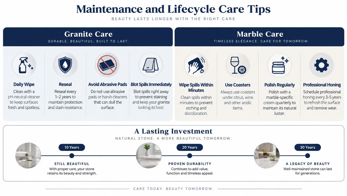 An infographic titled Maintenance and Lifecycle Care Tips detailing care instructions for granite and marble countertops.