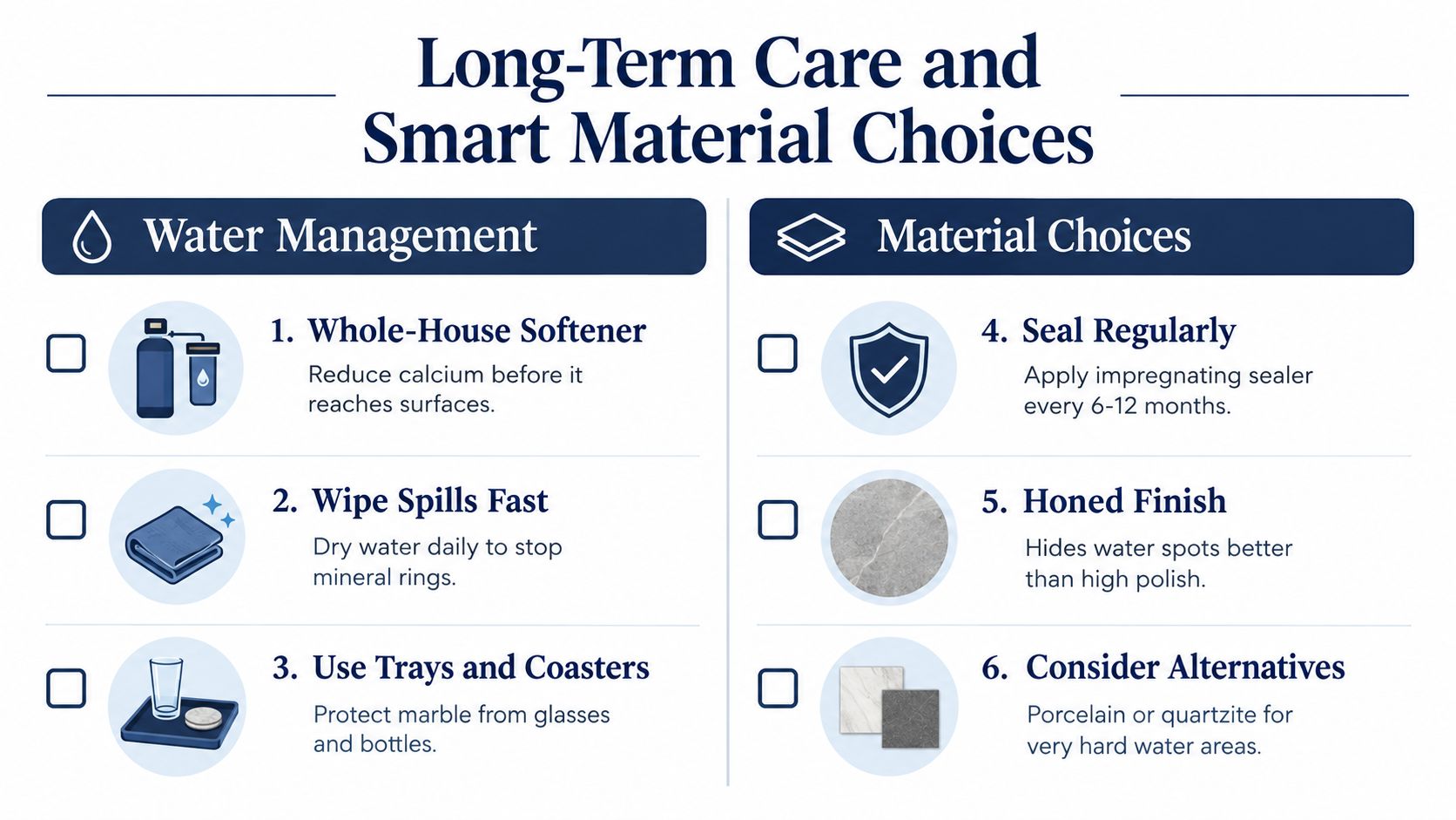 An infographic titled Long-Term Care and Smart Material Choices providing tips to prevent hard water stains on marble.
