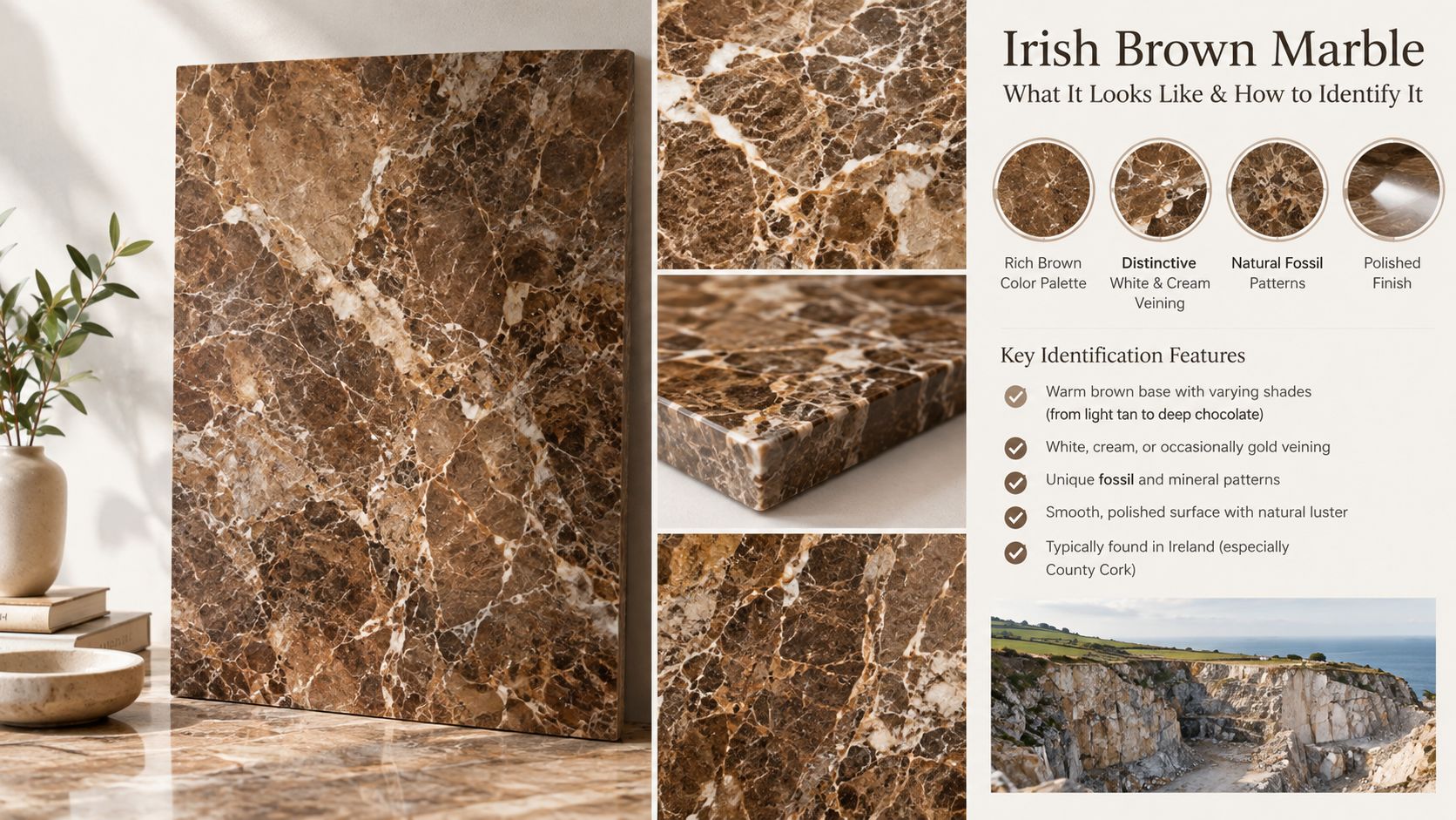 Informational graphic detailing the appearance, characteristics, and identification features of polished Irish brown marble stone.