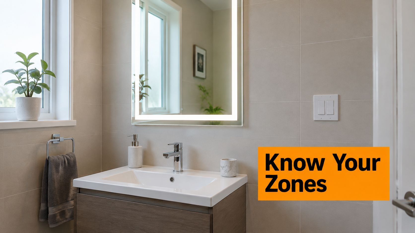 A modern bathroom vanity featuring a sleek LED-lit mirror, wooden cabinet, and a clean tiled wall.