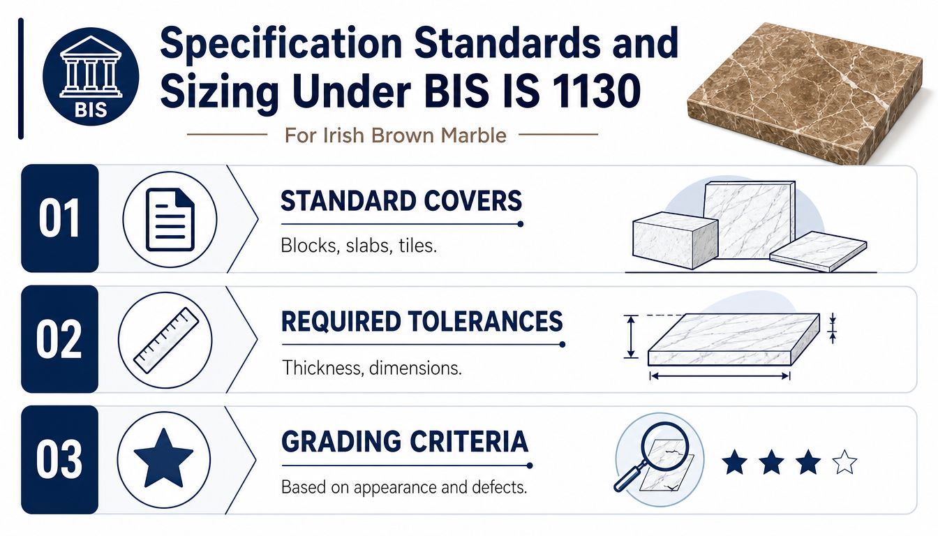 An infographic detailing the BIS IS 1130 specification standards and sizing for Irish Brown Marble products.