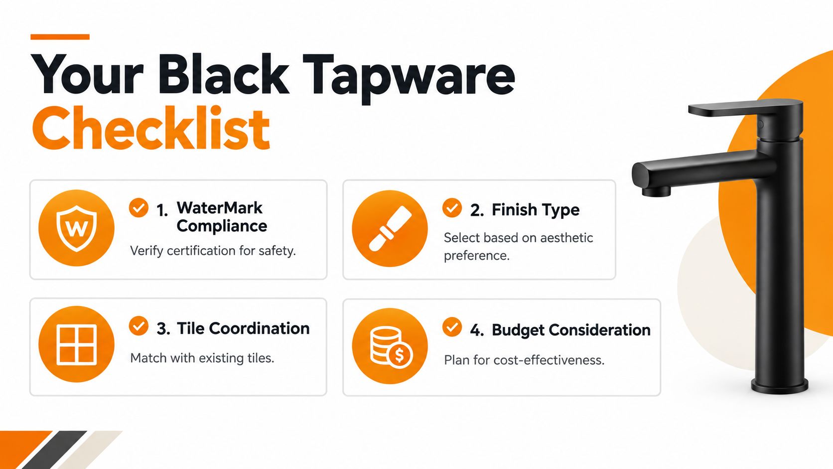 A checklist infographic titled Your Black Tapware Checklist featuring four tips for choosing matte black faucets.