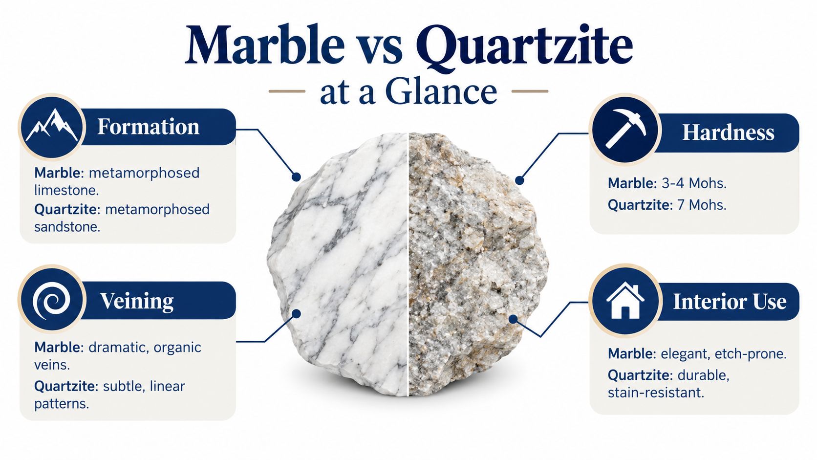 An infographic comparing the differences between marble and quartzite based on formation, hardness, veining, and interior use.