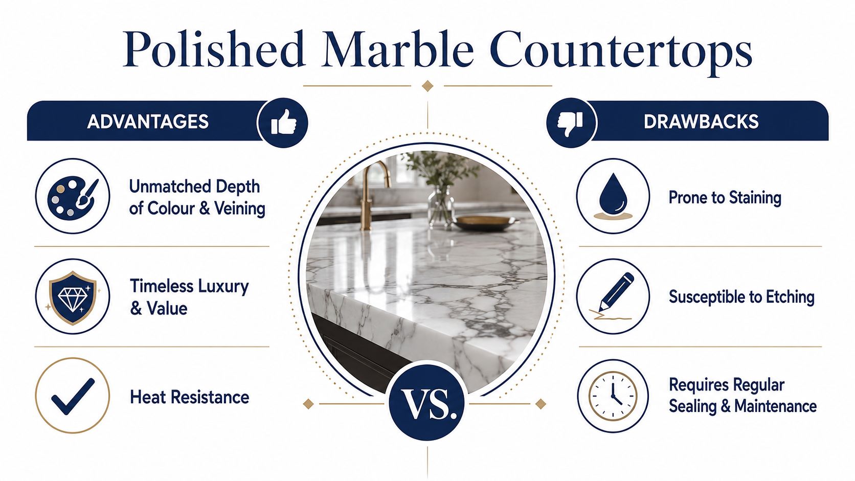 A comparison infographic showing the advantages and drawbacks of using polished marble countertops in kitchens.