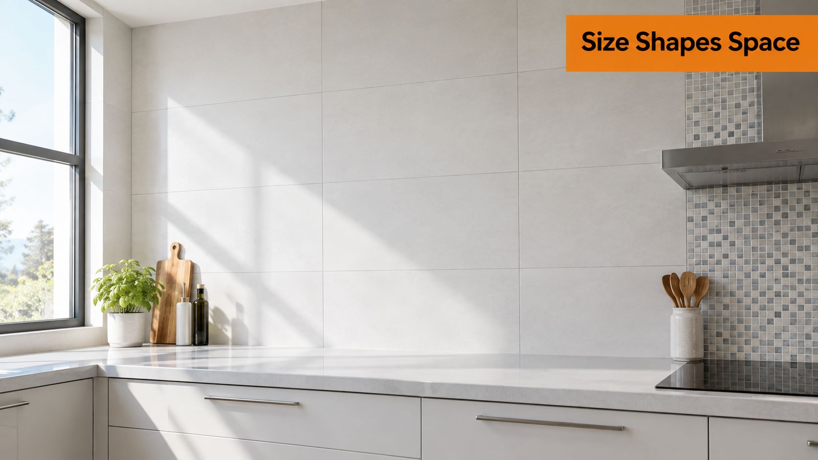 A modern kitchen with large white wall tiles, a sleek countertop, and a window with sunlight.