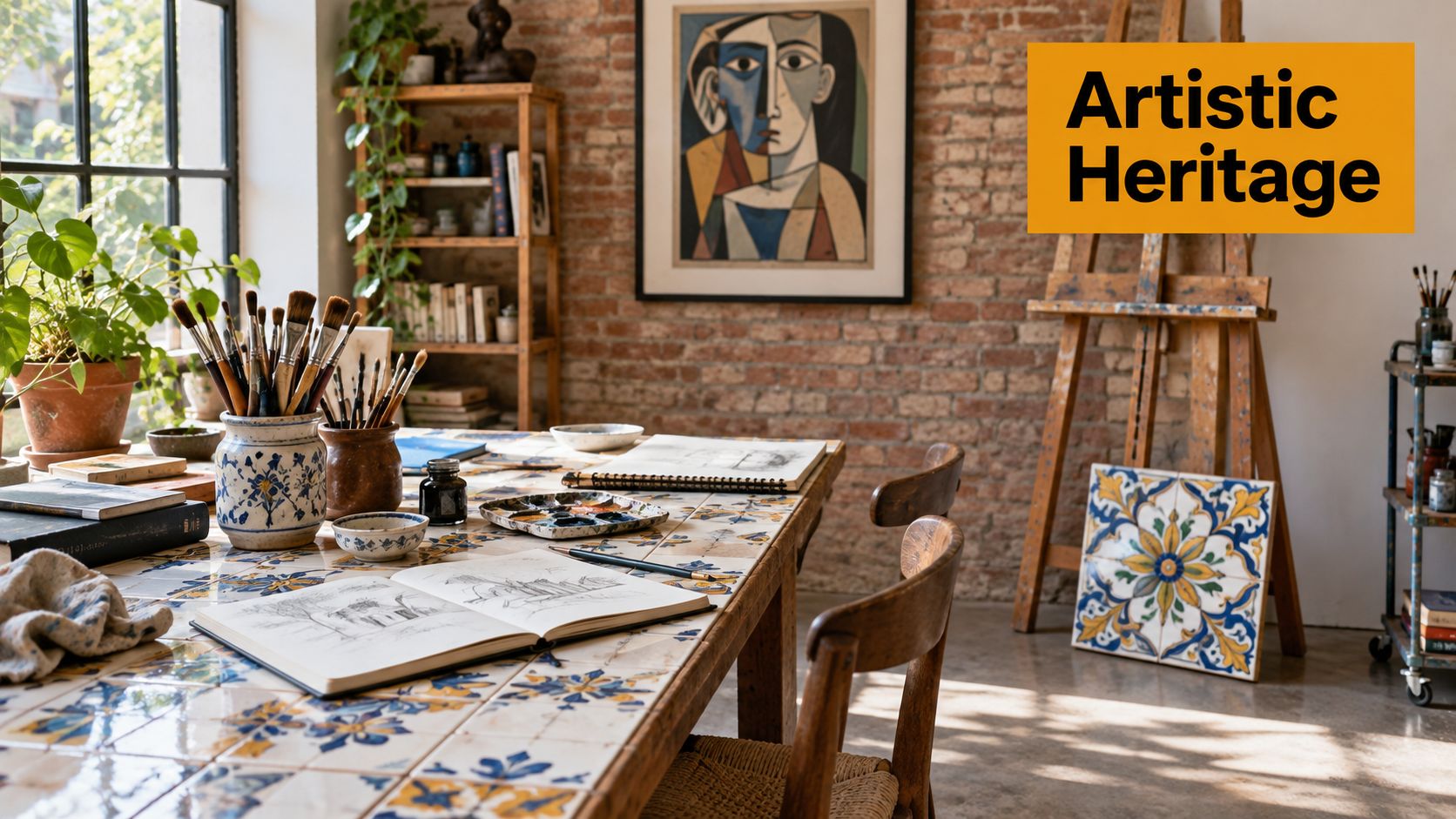 An artist's studio workspace featuring sketches, painting brushes, and decorative Mediterranean-style tiles on a sunny wooden table.