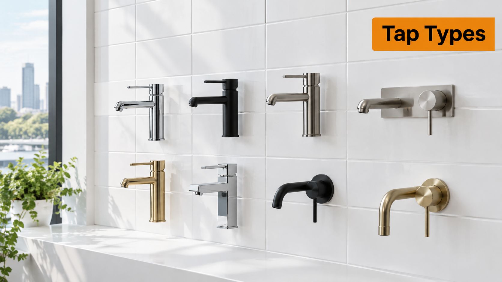 A display of various modern bathroom tapware designs mounted on a white tiled wall.