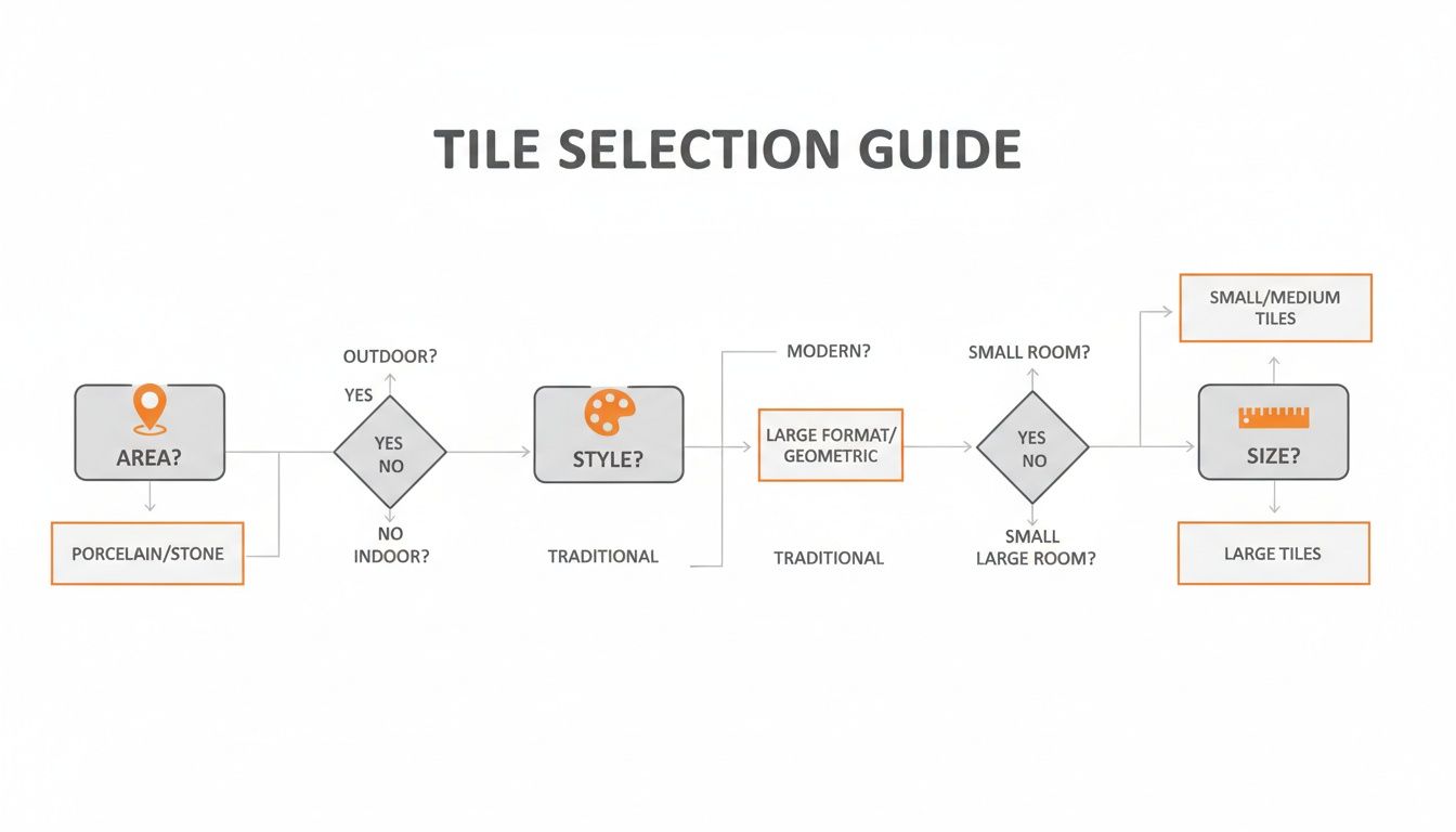 A tile selection guide flowchart outlining steps to choose tiles based on area, style, and room size.