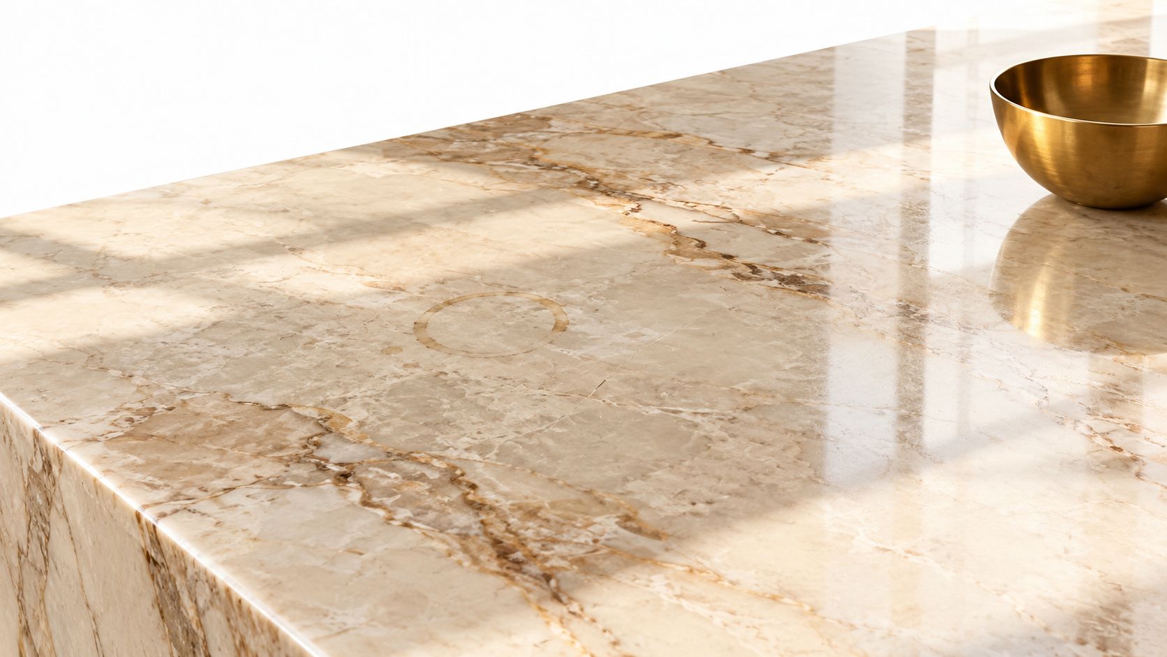 A close-up of a polished light brown marble countertop with a subtle round ring stain mark