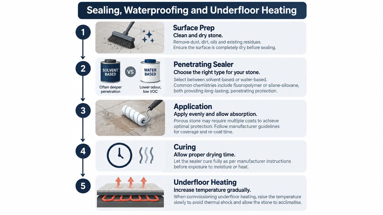 A step-by-step infographic illustrating the professional process for sealing, waterproofing, and installing underfloor heating on stone floors.