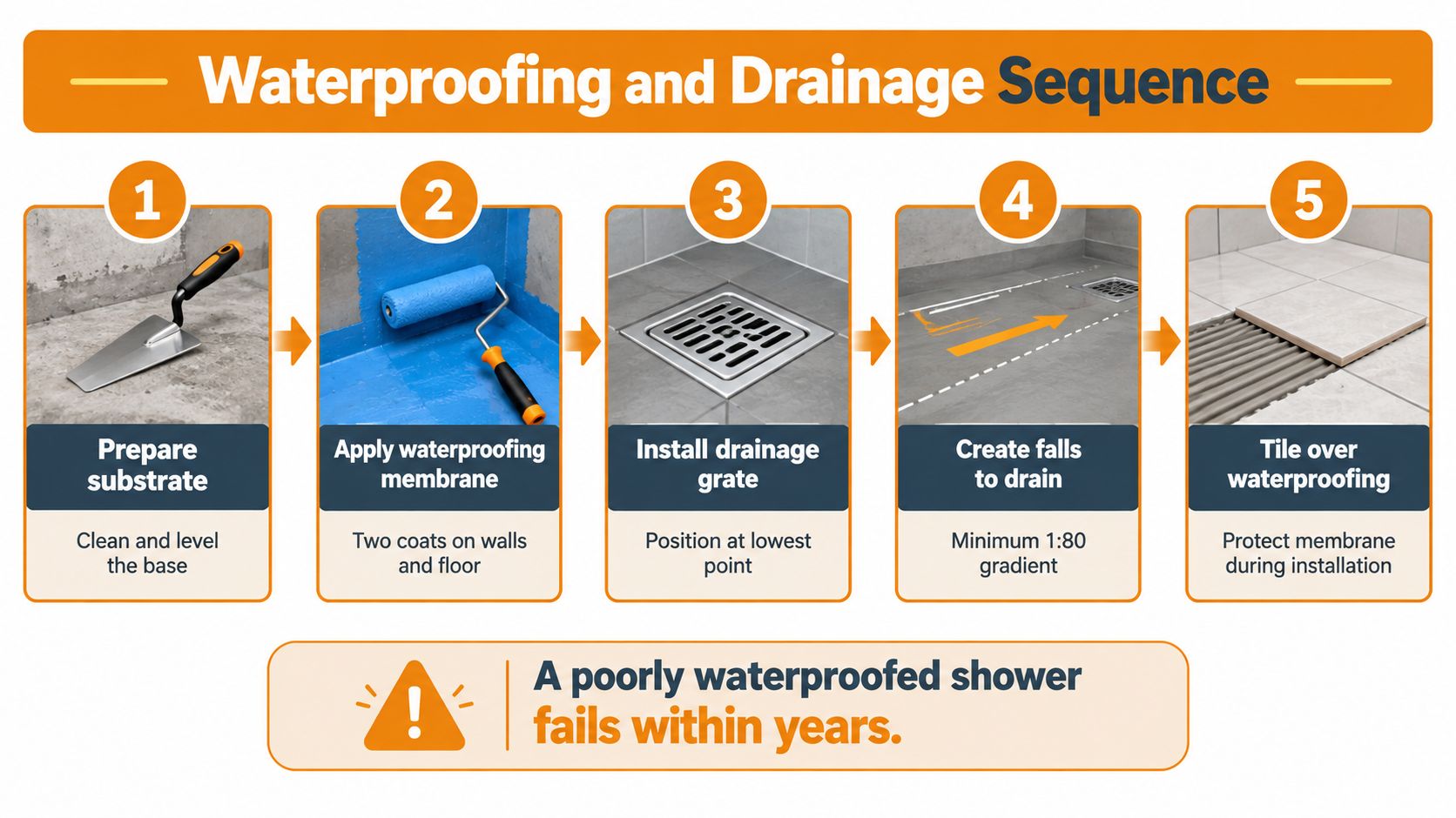 A step-by-step infographic illustrating the professional sequence for waterproofing and drainage installation in a shower.