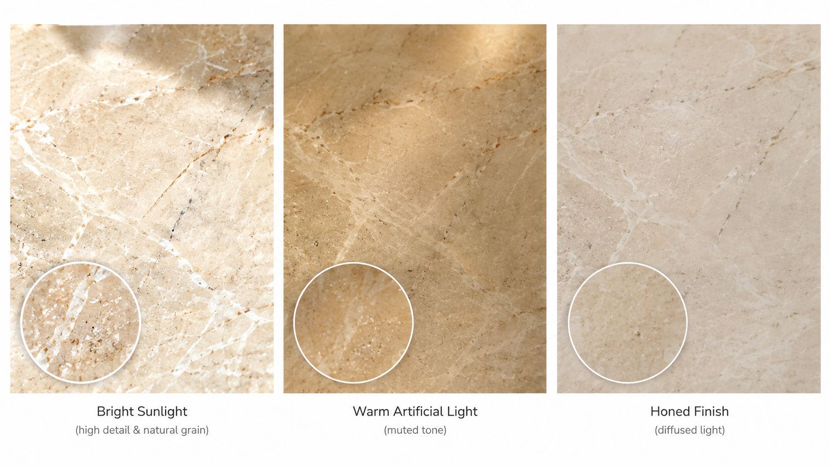 A comparison of beige marble textures showing bright sunlight, warm artificial light, and a matte honed finish.